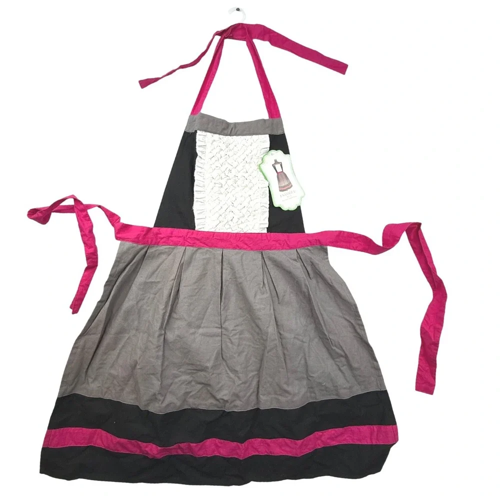 ENVOGUE Apron Cotton Ruffle Smocked Bib Hot Pink OS rockabilly‎ Barbie feminine